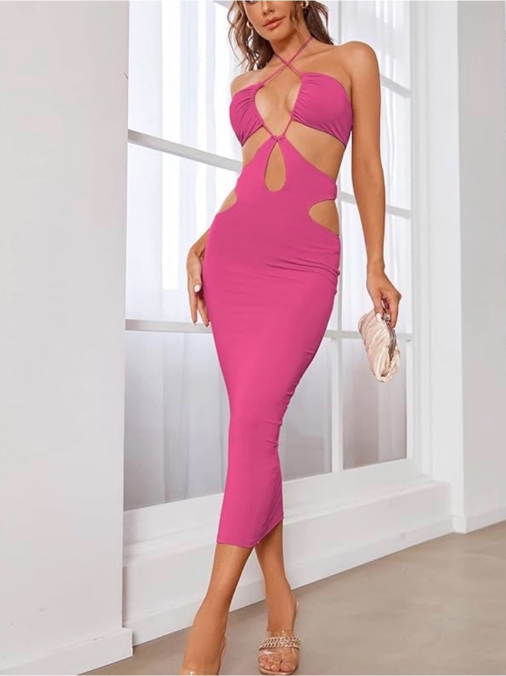 Cutout Halter Midi Dress in Pink